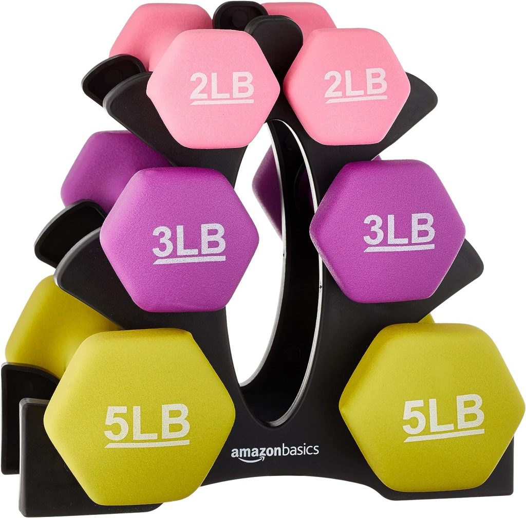 Amazon Basics Neoprene Hexagon Workout Dumbbell Color-Coded Hand Weight - Set of 6 (2, 3, and 5 Pound Weights) with Storage Rack