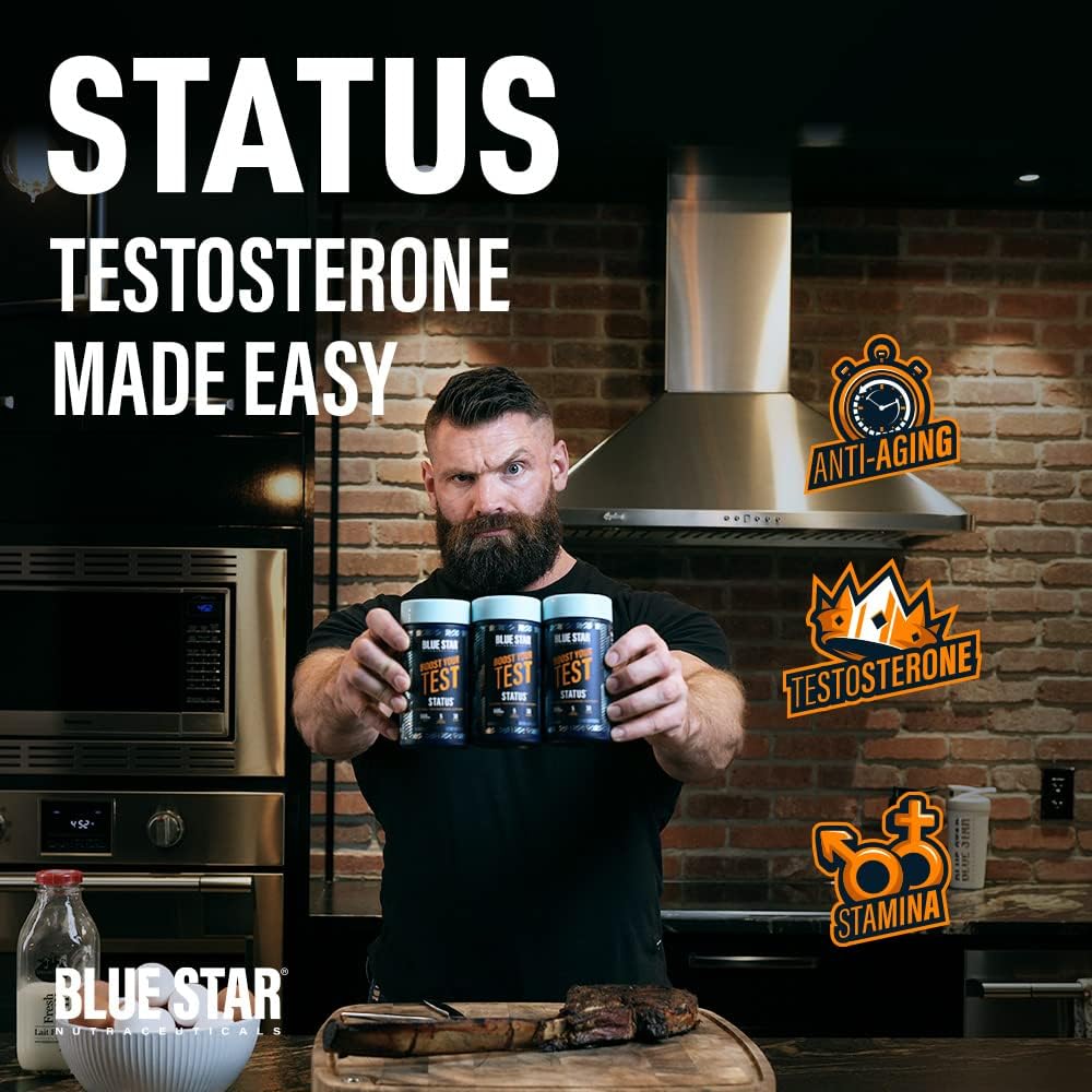 Blue Star Nutraceuticals STATUS - Testosterone Booster for Men - w/KSM 66 Ashwagandha - Invigorate Stamina, Muscle Growth  Energy | Natural Test Booster Support - 90 Veggie Capsules