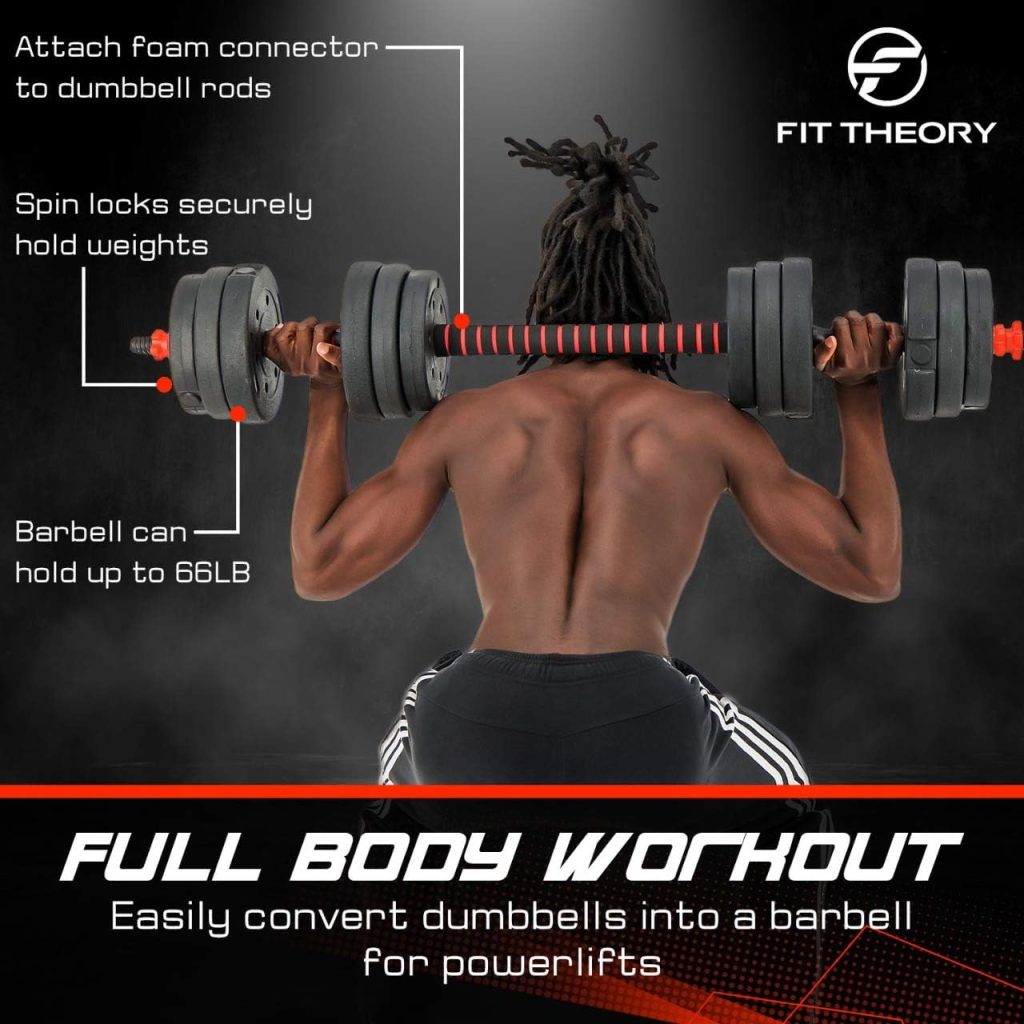 Fit Theory Adjustable Dumbbells - 66LBs Weight Set - Dumbbell Set Can Be Used as a Pair of Dumbbells or Converted into a Barbell - Weights for Home Gym with Limitless Fitness Workout Options