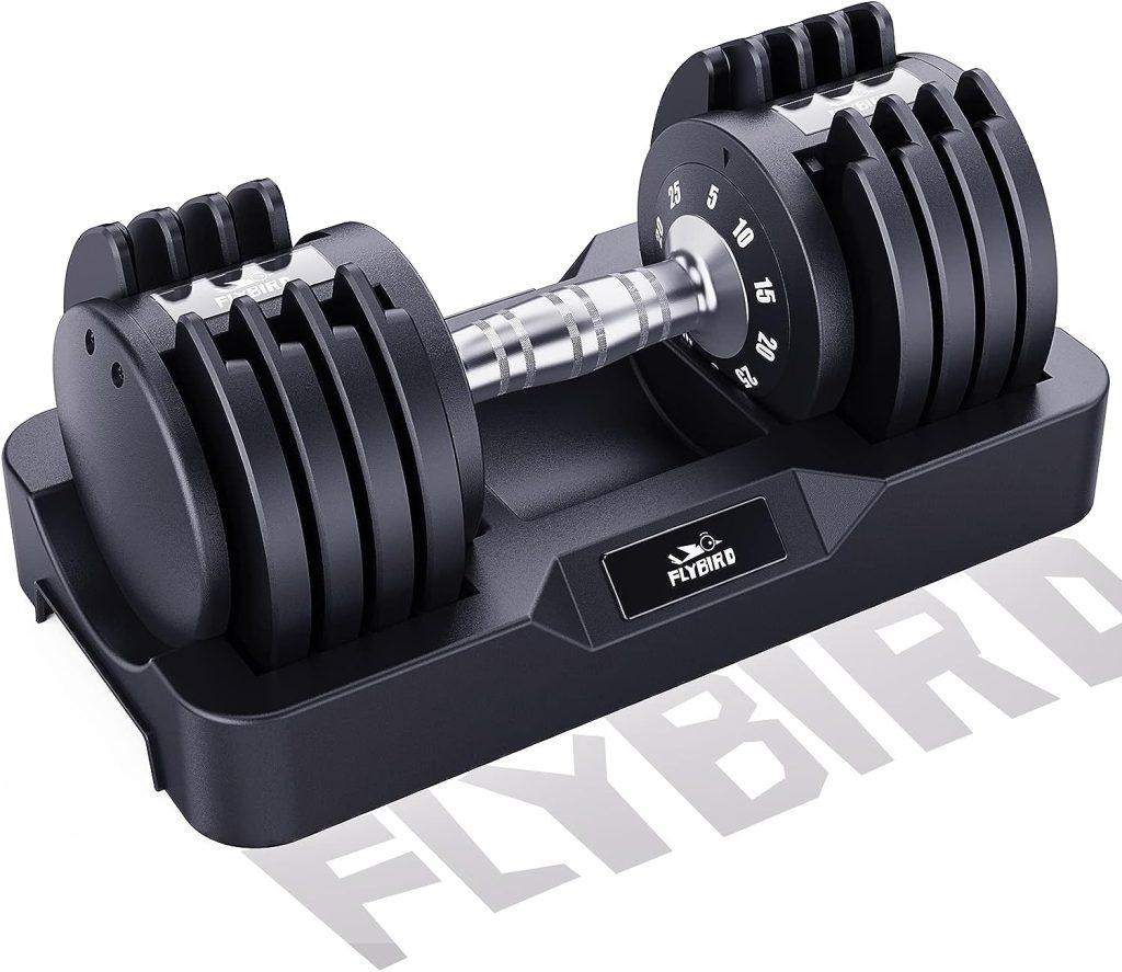 FLYBIRD Adjustable Dumbbell,25LB Single Dumbbell for Men and Women with Anti-Slip Metal Handle,Fast Adjust Weight by Turning Handle, Black Dumbbell with Tray Suitable for Full Body Workout Fitness