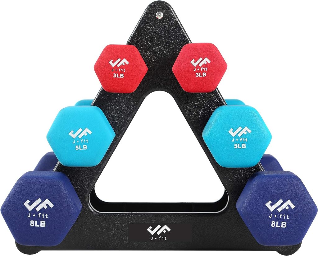 j/fit Dumbbell Set w/Durable Rack | Solid Design | Double Neoprene Coated Workout Weights Non-Chip and Flake | Dumbbells Sets for Gyms, Pilates, MMA, Training, Schools, Rehabilitation Centers