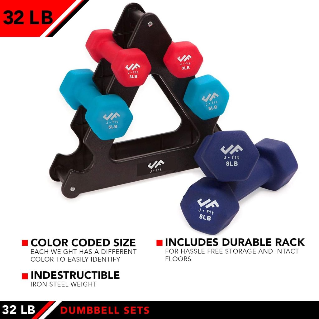 j/fit Dumbbell Set w/Durable Rack | Solid Design | Double Neoprene Coated Workout Weights Non-Chip and Flake | Dumbbells Sets for Gyms, Pilates, MMA, Training, Schools, Rehabilitation Centers