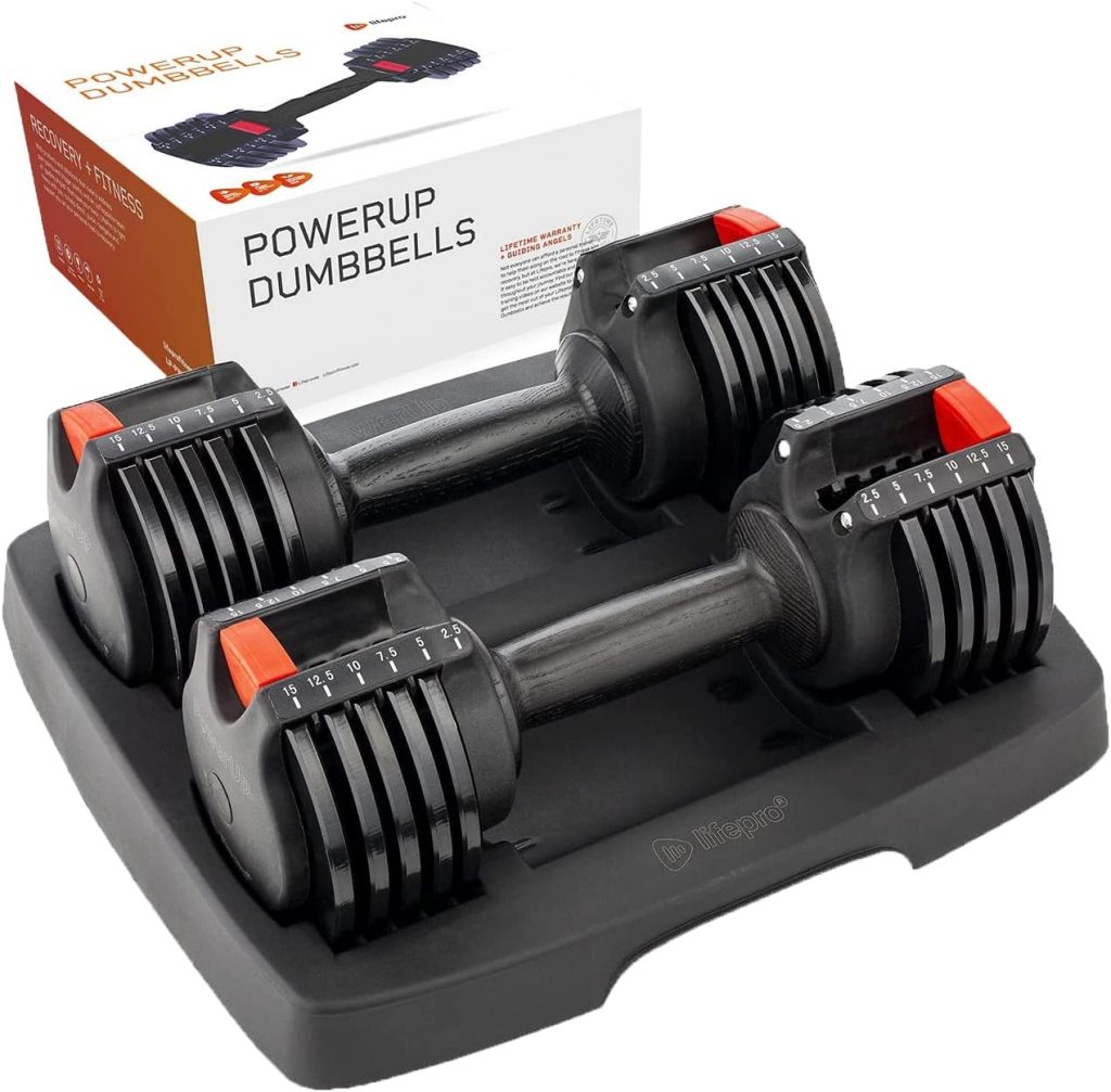 Lifepro 15lb Adjustable Free Weights Dumbbell Sets with Rack - Adjustable Weights Dumbells For Strength Training, Adjustable Dumbbells Set Of 2 For Muscle Building - Hand Weights Set For Home Gym