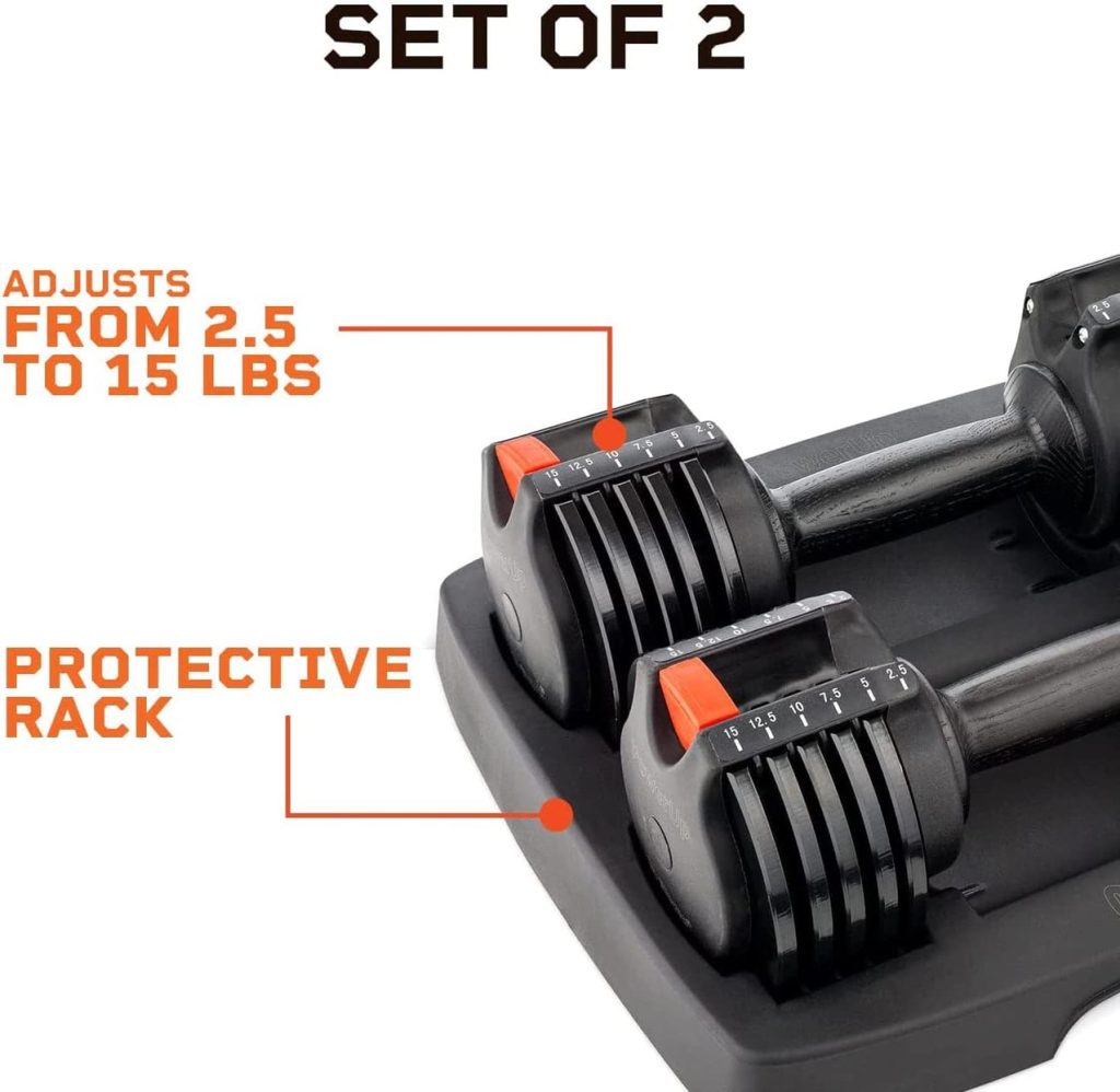 Lifepro 15lb Adjustable Free Weights Dumbbell Sets with Rack - Adjustable Weights Dumbells For Strength Training, Adjustable Dumbbells Set Of 2 For Muscle Building - Hand Weights Set For Home Gym