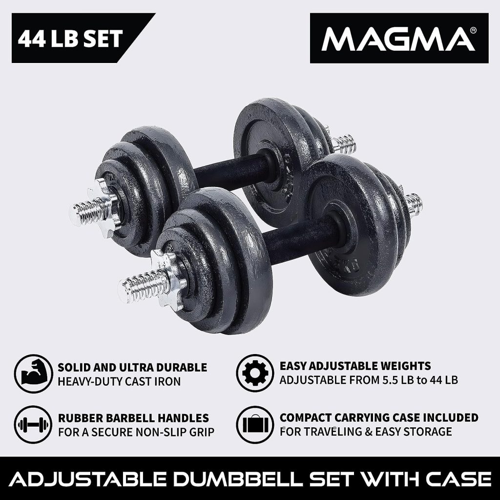 MAGMA Adjustable Dumbbell Weights Set 44LB, Cast Iron Plates With Storage Case For Home Gym Work Out Training