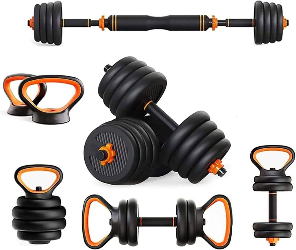 OKSTENCK 4 in 1 Adjustable Dumbbell Set - Free Weights Dumbbells Set with Connecting Rod Used as Barbell  Non-Slip Handles  Kettle-Bell Base for Home and Gym