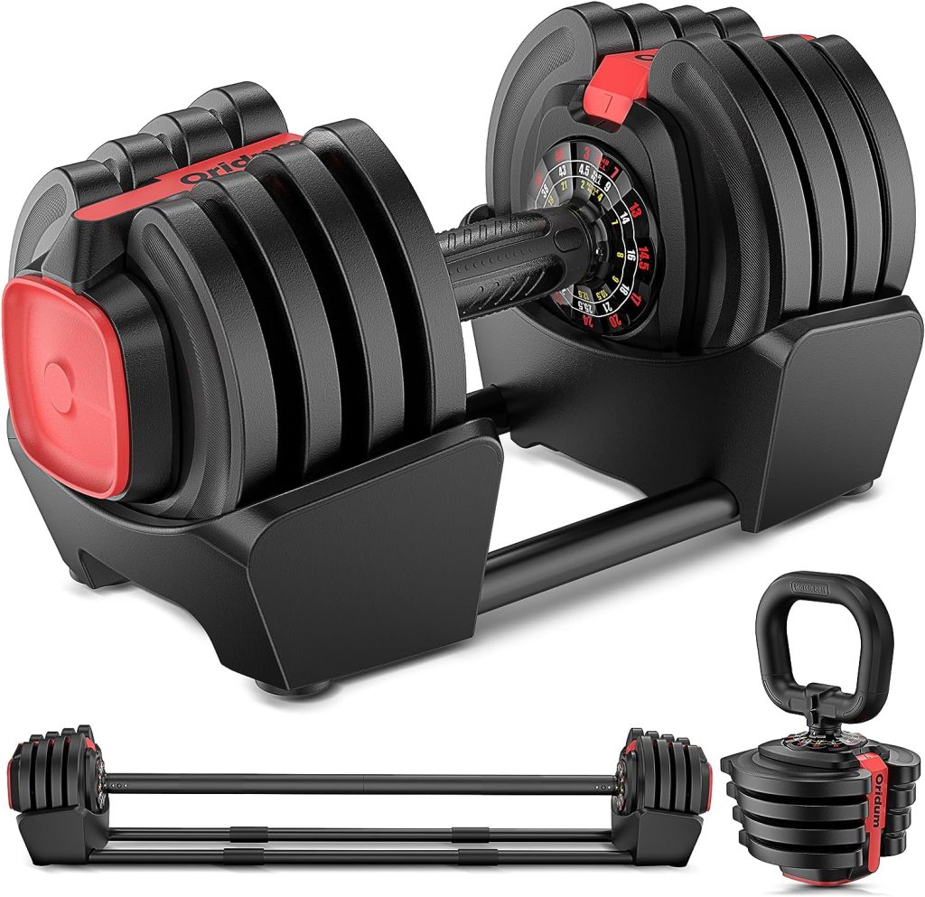 Oridum Adjustable Dumbbell, 3-40LBS 12 Weight Options [Dumbbell, Barbell, Kettlebell] 3-in-1 Free Weights with Comfort  Non-Slip Grip | Fast Weight Adjustment for Home Gym Full Body Workout Fitness