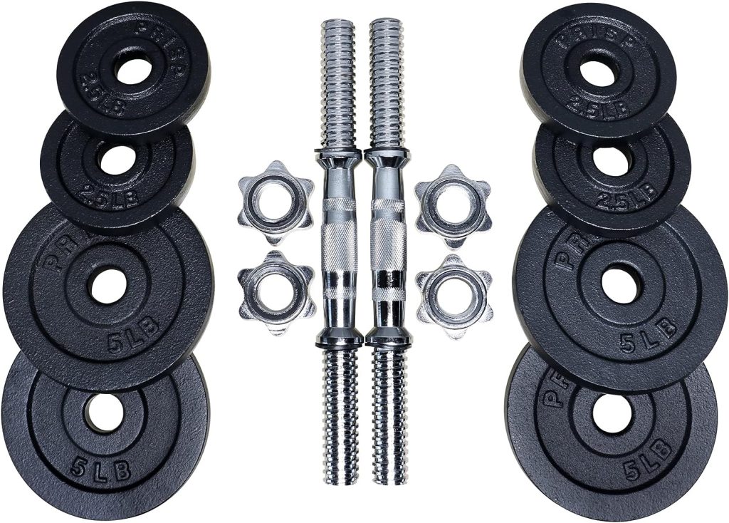 PRISP Adjustable Weight Dumbbells Set - Includes 2 Bars, Cast Iron Plates and Threaded Collars