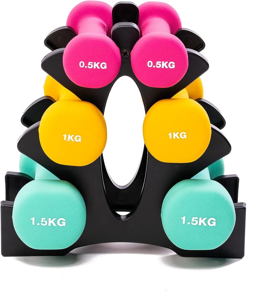 PRISP Dumbbells Set with Rack, 3 Pairs of Neoprene Free Weights with Stand