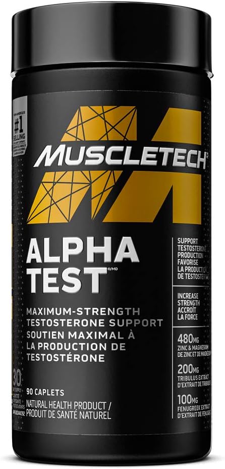 Testosterone Booster for Men, MuscleTech AlphaTest, Tribulus Terrestris for Men, Max-Strength ATP  Test Booster for Men, Boost Free Testosterone and Enhance ATP Levels, 90 Capsules -package varies