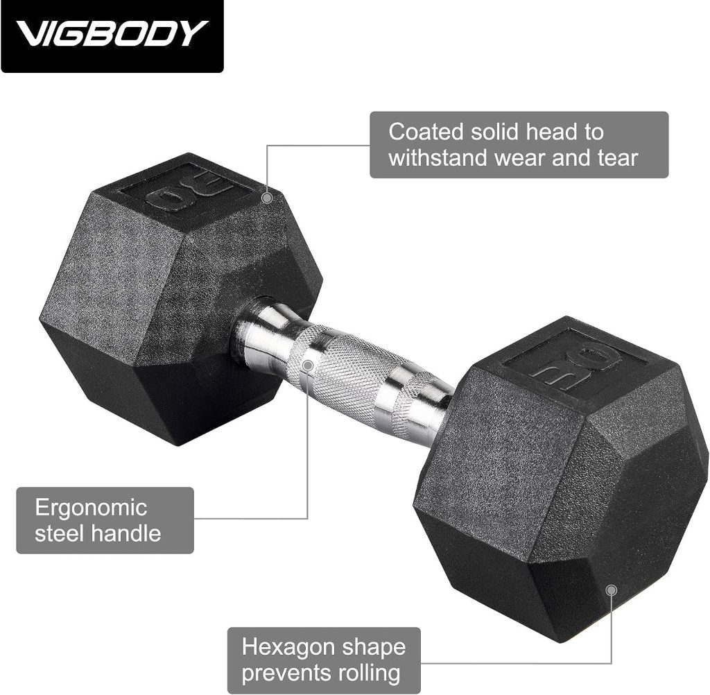 VIGBODY Hex Dumbbell Barbell, Hex Black Dumbbells Free Weights with Metal Handles for Home Gym Lifting weights, Free Weights Hand Hex Dumb Bells for Women, Men (30Pounds, Single)