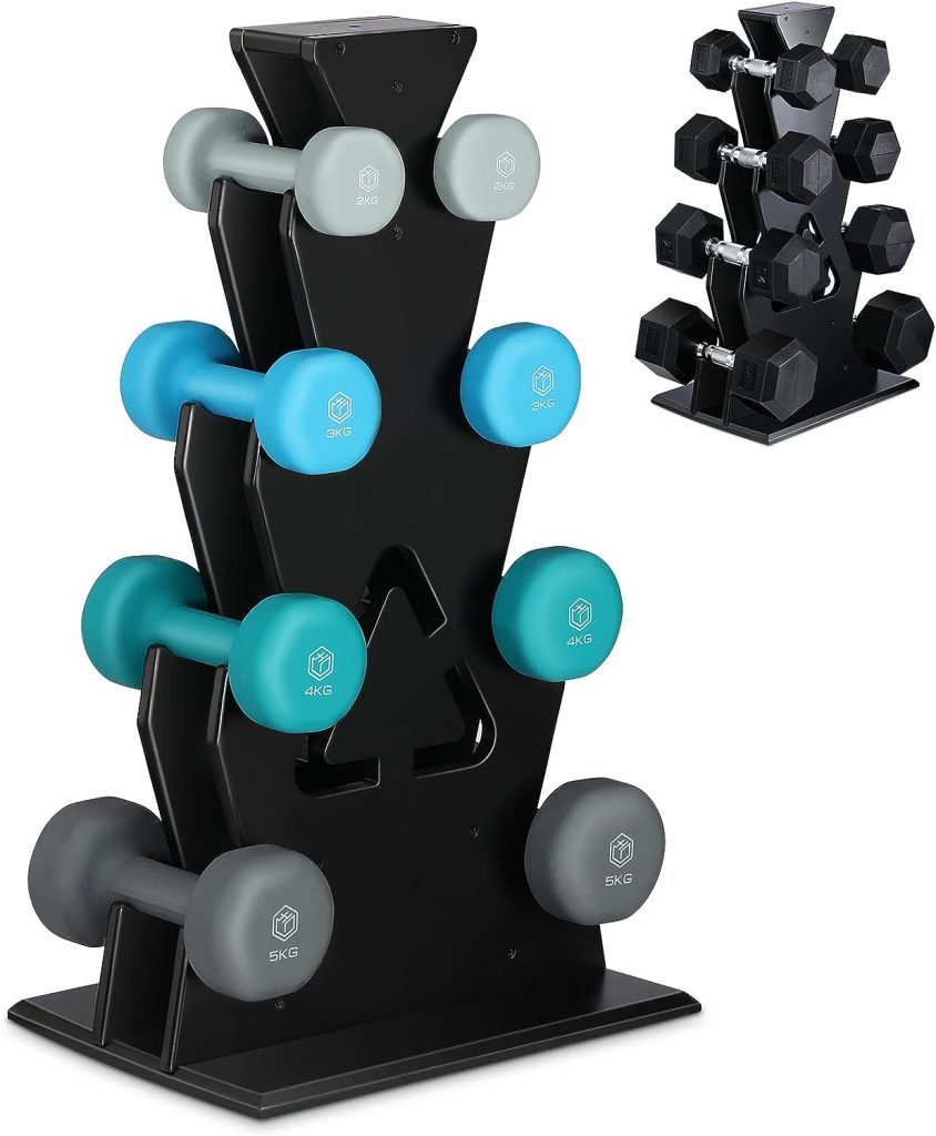 Weights Rack Dumbbell Rack Stand Only - EXTCCT 4 Tier A-Frame Small Hand Weight Rack, Wooden Home Gym Exercise dumbbell rack For All Neoprene Dumbbells  Hex Dumbbells(Total Weight 10LB-200LB)